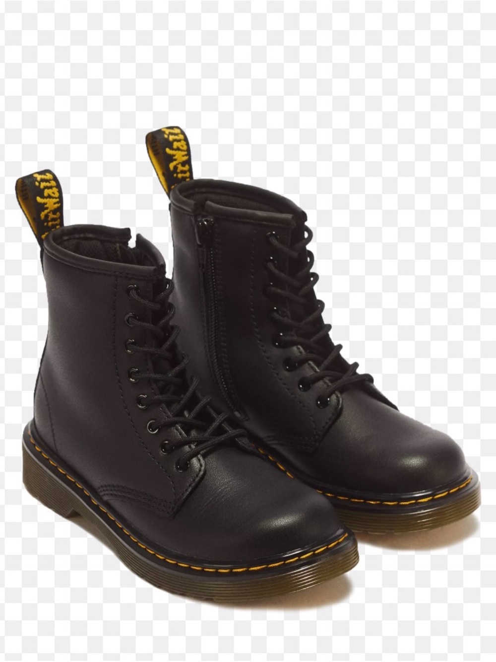 Dr. Martens Black Leather Lace-Up Combat Boots with Yellow Stitching